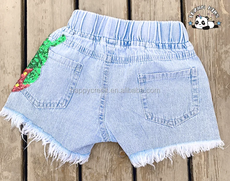 LEZONKIDS - Custom Children Clothing Kids Denim Shorts Light Blue Sequin Ripped  Edge Elastic Waist Girls Denim Shorts